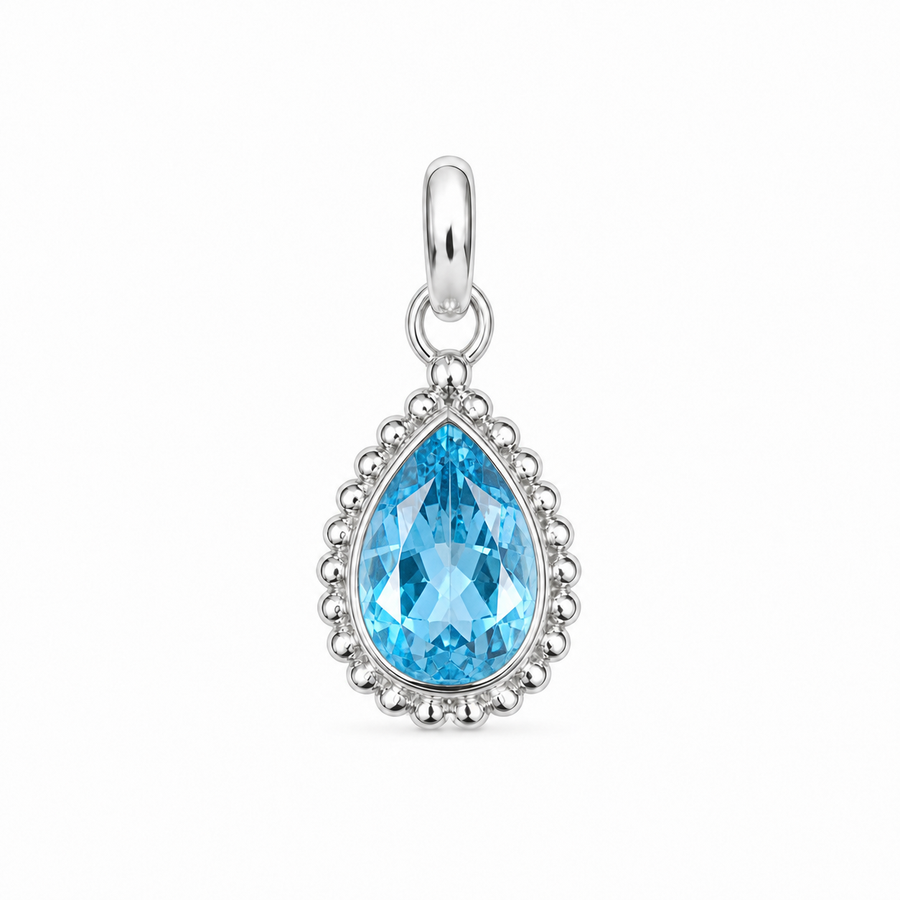 Zilveren hanger met druppelvormig in kraalrand gezette edelsteen - 925 zilver - 9 x 7 mm · Blauwe Topaas · productfoto · steen:blauwe-topaas
