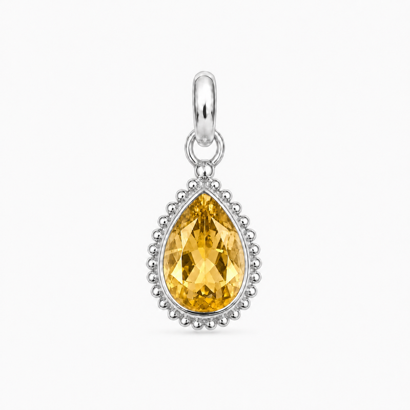 Zilveren hanger met druppelvormig in kraalrand gezette edelsteen - 925 zilver - 9 x 7 mm · Citrien · productfoto · steen:citrien
