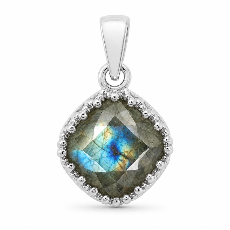 Zilveren hanger met kussen geslepen met kraalrand edelsteen, gefacetteerd - 925 zilver - 10 x 10 mm · Labradoriet · detail · steen:labradoriet