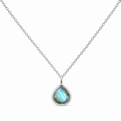 Zilveren collier met druppelvormig in kap gezette edelsteen, gefacetteerd - 925 zilver - 8 x 8 mm · Labradoriet