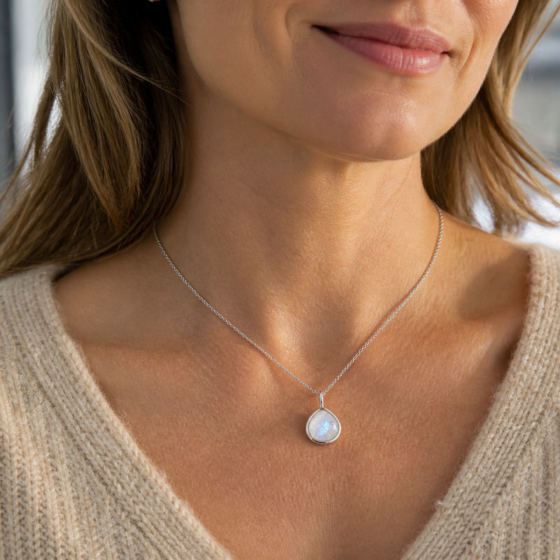 Zilveren collier met druppelvormig in kap gezette edelsteen, gefacetteerd - 925 zilver - 8 x 8 mm · Regenboog Maansteen · gedragen · steen:regenboog-maansteen