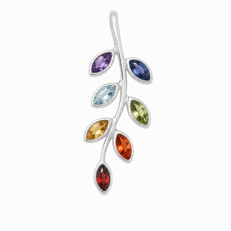 Zilveren Chakra blaadjes hanger met diverse edelsteen, gefacetteerd - 925 zilver - 29 x 12 mm · None · productfoto · steen:None