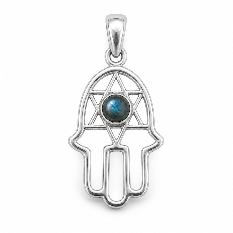 Fijn zilver hanger met handje van Fatima, Hamsa handje met ronde edelsteen · Labradoriet · detail · steen:labradoriet