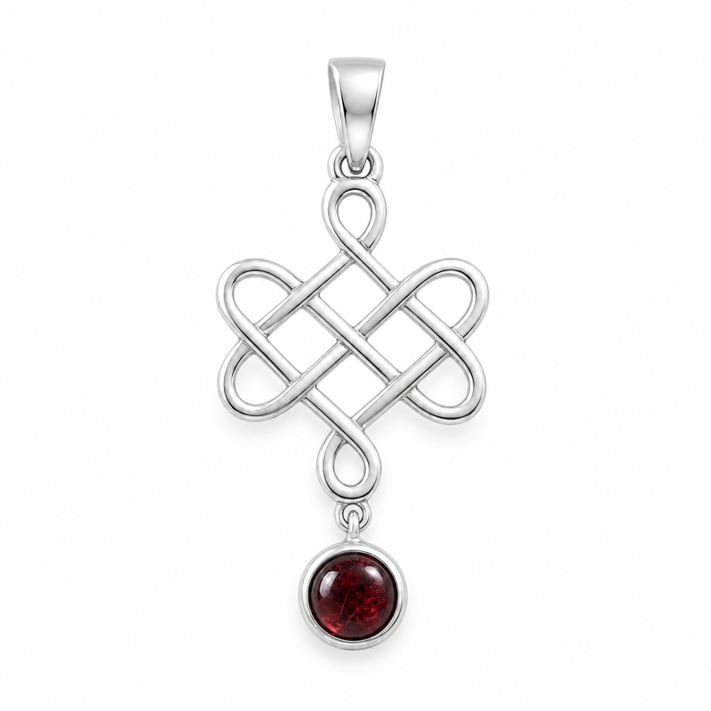 Zilveren oneindige knoop hanger met Granaat edelsteen · Amethist · detail · steen:amethist