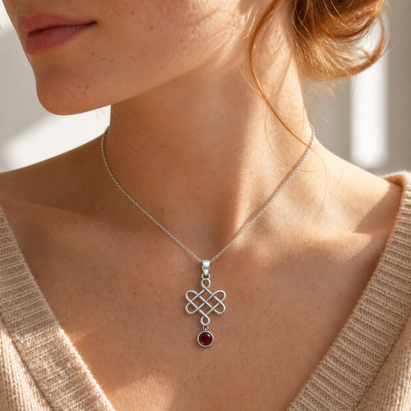 Zilveren oneindige knoop hanger met Granaat edelsteen · Amethist · gedragen · steen:amethist