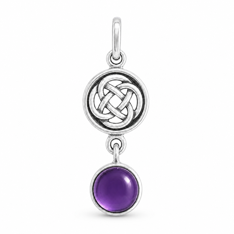 Salomon knoop hanger in zilver met ronde edelsteen - 925 zilver - 30 x 9 mm · Amethist · detail · steen:amethist