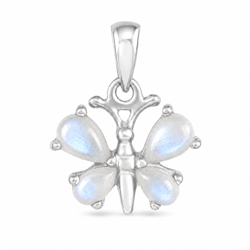 Zilveren vlinder hanger met druppelvormige edelsteen - 925 zilver - 21 x 16 mm · Regenboog Maansteen · productfoto · steen:regenboog-maansteen