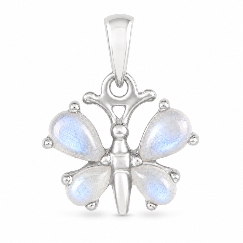 Zilveren vlinder hanger met druppelvormige edelsteen - 925 zilver - 21 x 16 mm · Regenboog Maansteen · detail · steen:regenboog-maansteen