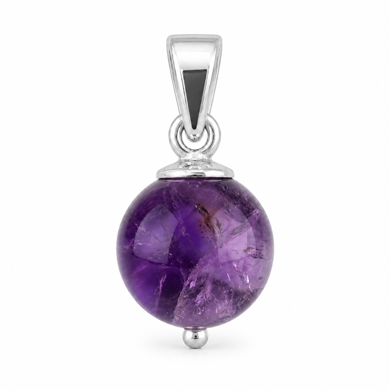 Zilveren hanger met bolvormige in kap gezette edelsteen - 925 zilver - 7 mm · Amethist · detail · steen:amethist
