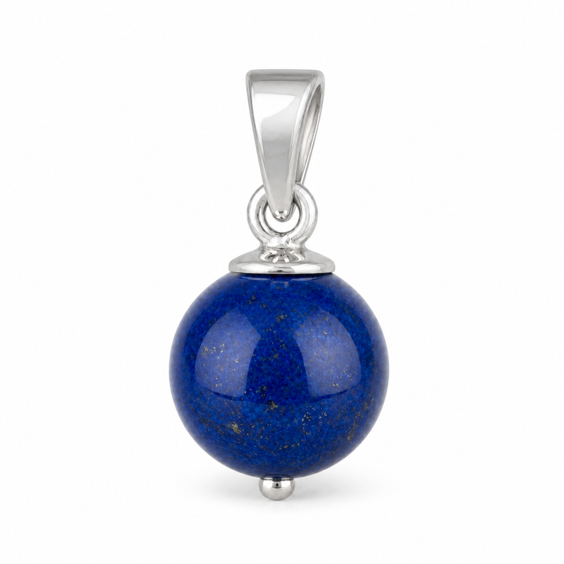 Zilveren hanger met bolvormige in kap gezette edelsteen - 925 zilver - 7 mm · Lapis Lazuli · detail · steen:lapis-lazuli