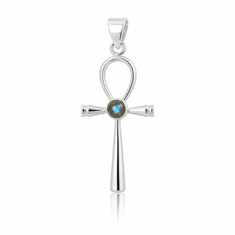 Zilveren Ankh hanger met ronde edelsteen - 925 zilver - 33 x 19 mm · Labradoriet