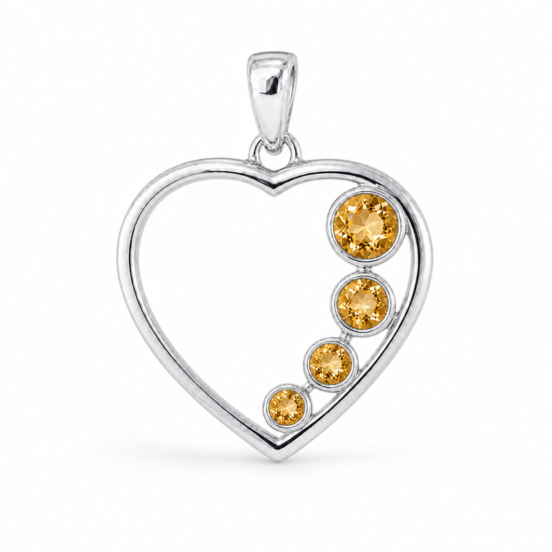 Zilveren hart hanger met rond gefacetteerde edelsteen - 925 zilver - 23 x 21 mm · Citrien · detail · steen:citrien