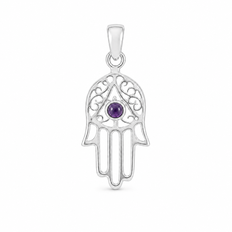 Decoratief zilveren handje van Fatima, Hamsa handje hanger met ronde edelsteen - 925 zilver - 27 x 12 mm