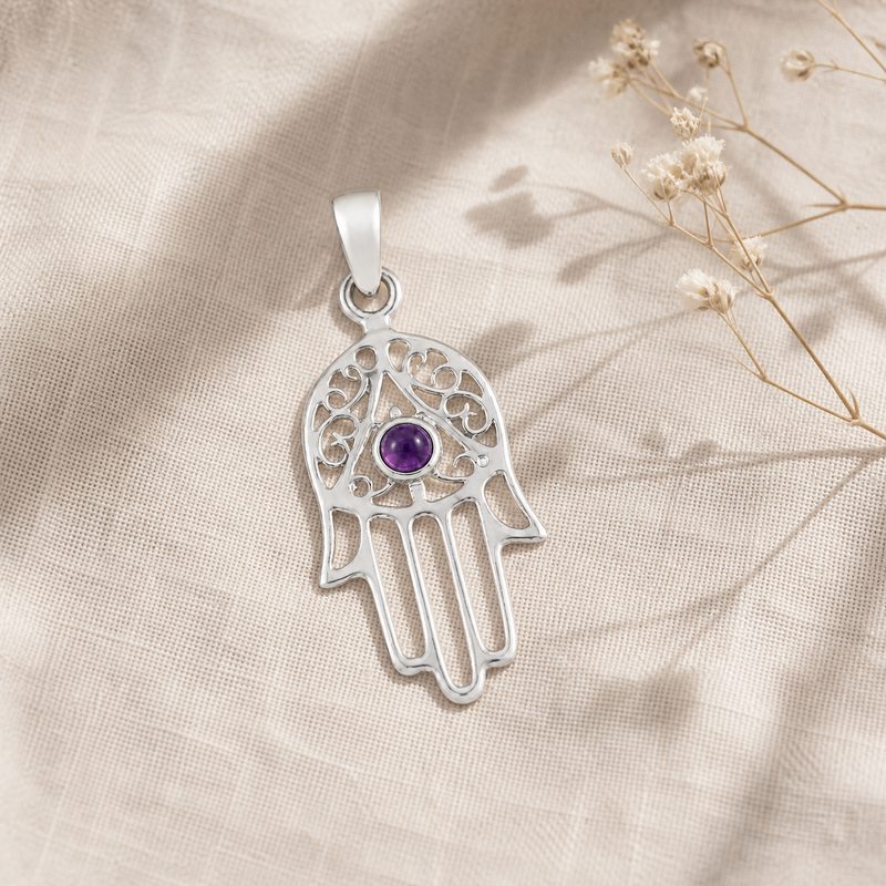 Decoratief zilveren handje van Fatima, Hamsa handje hanger met ronde edelsteen - 925 zilver - 27 x 12 mm