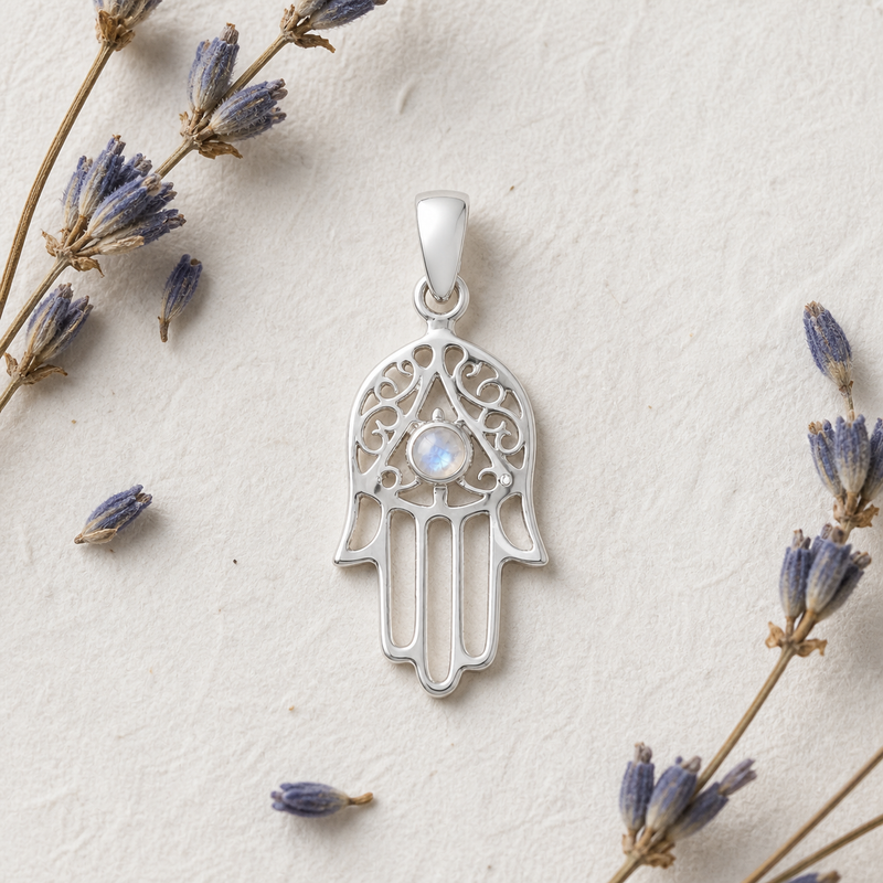 Decoratief zilveren handje van Fatima, Hamsa handje hanger met ronde edelsteen - 925 zilver - 27 x 12 mm