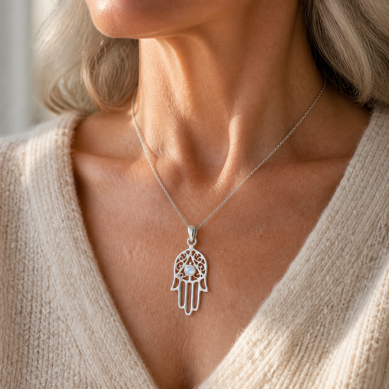 Decoratief zilveren handje van Fatima, Hamsa handje hanger met ronde edelsteen - 925 zilver - 27 x 12 mm