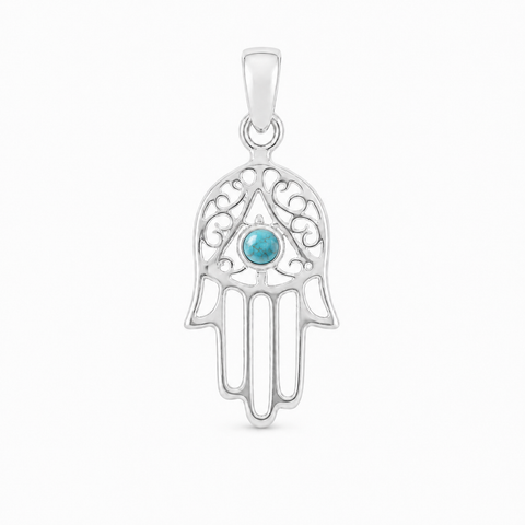 Decoratief zilveren handje van Fatima, Hamsa handje hanger met ronde edelsteen - 925 zilver - 27 x 12 mm · Turkoois