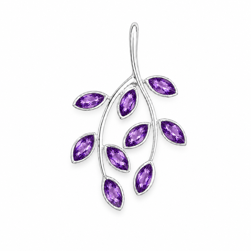 Zilveren hanger met edelsteen in blaadjesdesign, gefacetteerd - 925 zilver - 32 x 20 mm · Amethist · detail · steen:amethist