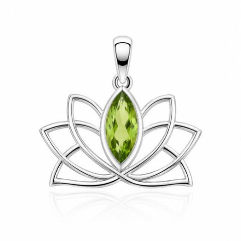 Zilveren Lotus hanger met marquise, facet geslepen edelsteen - 925 zilver - 10 x 5 mm · Peridoot