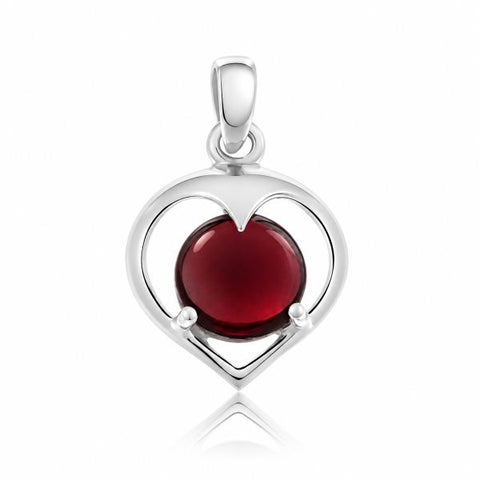 Zilveren hanger met rond in open hart gezette edelsteen - 925 zilver - 27 x 17 mm · Granaat