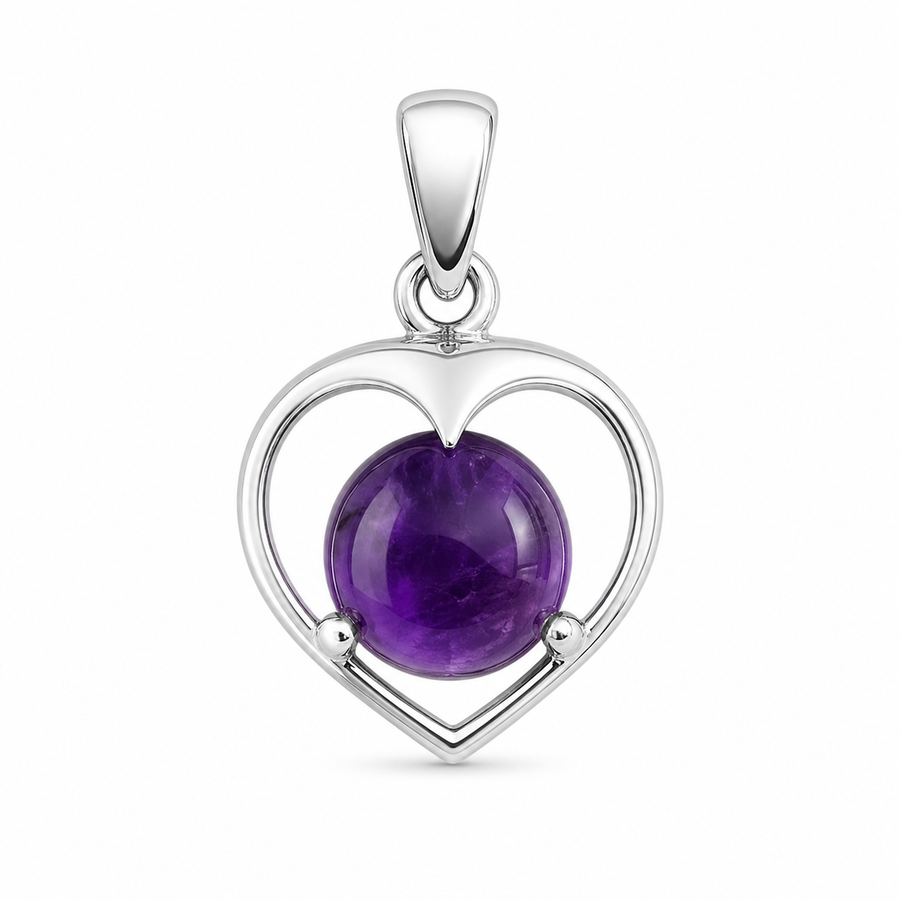 Zilveren hanger met rond in open hart gezette edelsteen, gefacetteerd - 925 zilver - 27 x 17 mm · Amethist · productfoto · steen:amethist