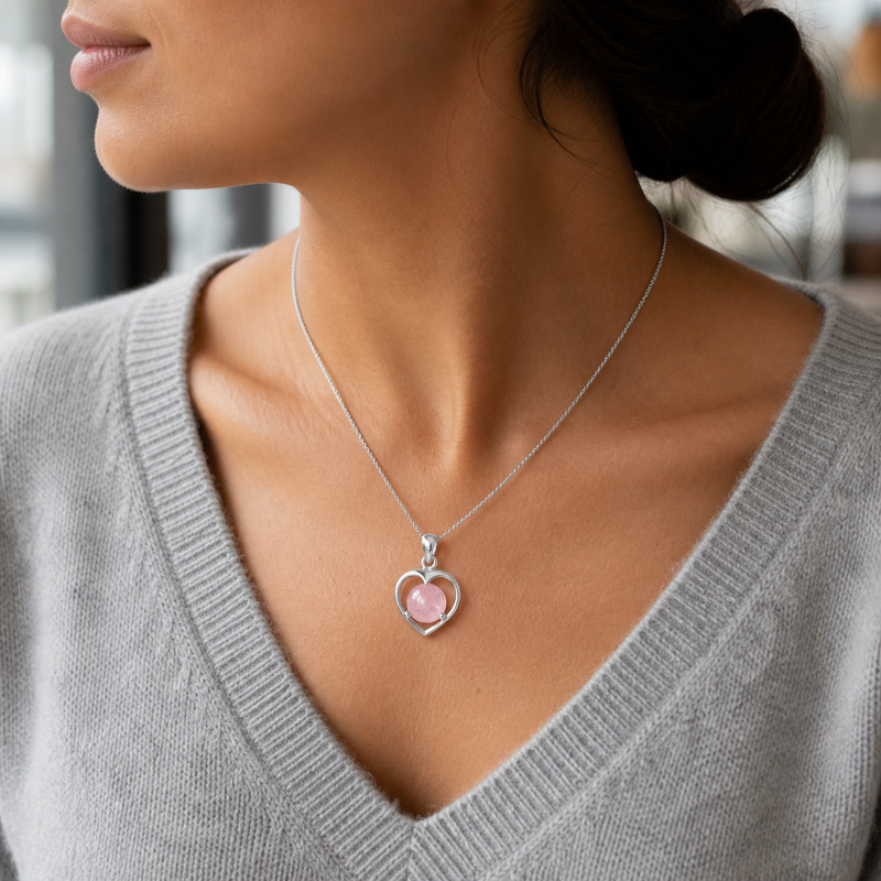 Zilveren hanger met rond in open hart gezette edelsteen, gefacetteerd - 925 zilver - 27 x 17 mm · Rozenkwarts · gedragen · steen:rozenkwarts