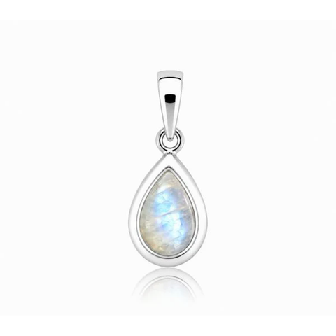 Zilveren hanger met druppelvormig geslepen edelsteen - 925 zilver - 10 x 7 mm · Regenboog Maansteen