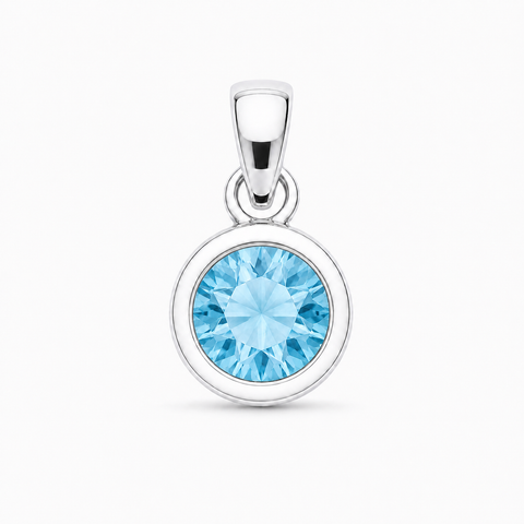 Zilveren hanger met rond gefacetteerde in kap gezette edelsteen - 925 zilver - 9 mm · Blauwe Topaas