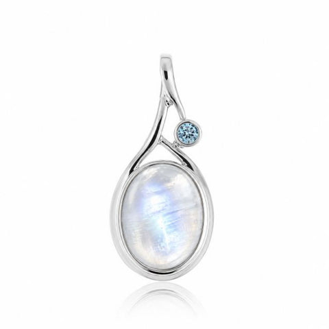 Zilveren hanger met combinatie van ovale en ronde edelsteen - 925 zilver - 17 x 13 mm · Regenboog Maansteen & Blauwe Topaas