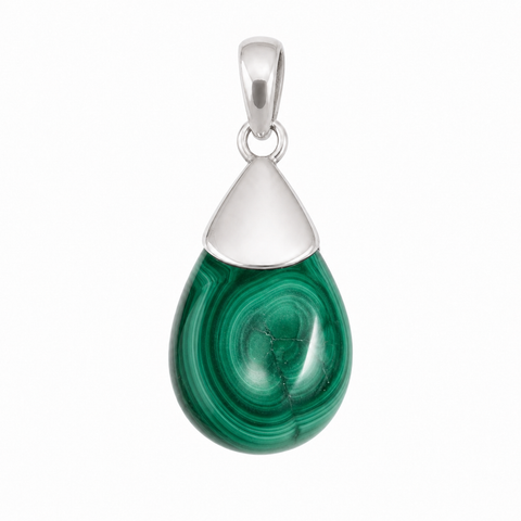Zilveren hanger met druppelvormig edelsteen in strakke zetting - 925 zilver - 16 x 12 mm · Malachiet