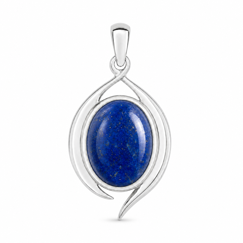 Zilveren hanger met ovaal geslepen edelsteen - 925 zilver - 18 x 13 mm · Lapis Lazuli · detail · steen:lapis-lazuli