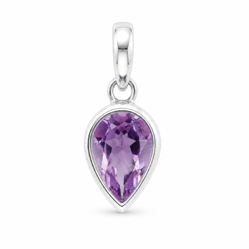 Zilveren hanger met facet geslepen druppelvormig edelsteen - 925 zilver - 12 x 8 mm · Amethist · detail · steen:amethist