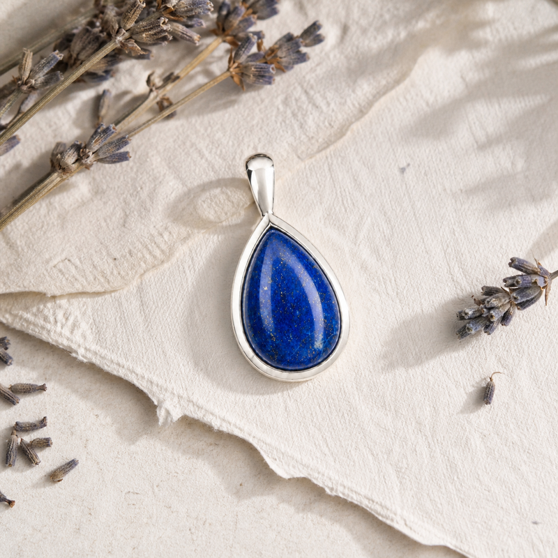 Zilveren hanger met druppelvormige edelsteen - 925 zilver - 12 x 8 mm · Lapis Lazuli · sfeerbeeld · steen:lapis-lazuli