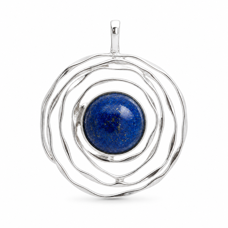 Zilveren hanger met rond in golvende zetting gezette edelsteen - 925 zilver - 17 x 17 mm · Lapis Lazuli · detail · steen:lapis-lazuli