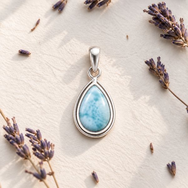 Zilveren hanger met druppelvormig edelsteen - 925 zilver - 10 x 7 mm · Larimar · productfoto · steen:larimar