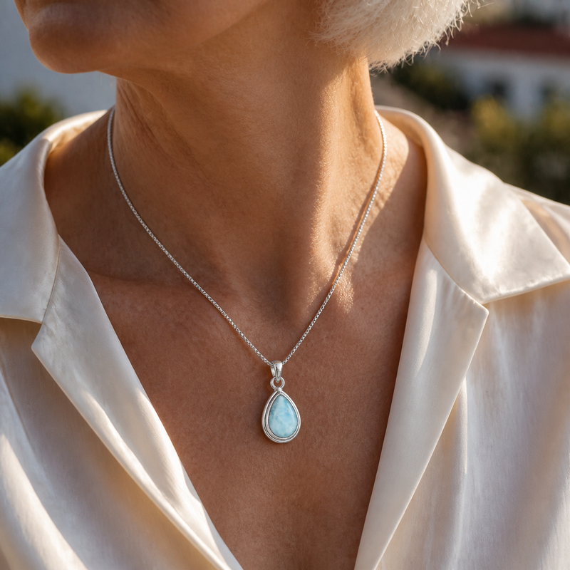Zilveren hanger met gladde druppelvormig edelsteen - 925 zilver - 10 x 7 mm · Larimar · gedragen · steen:larimar