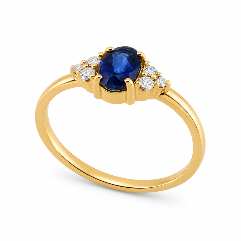 Ring met edelsteen en diamanten - goldplated zilver - 6 x 4 mm · Kyaniet · detail · steen:kyaniet