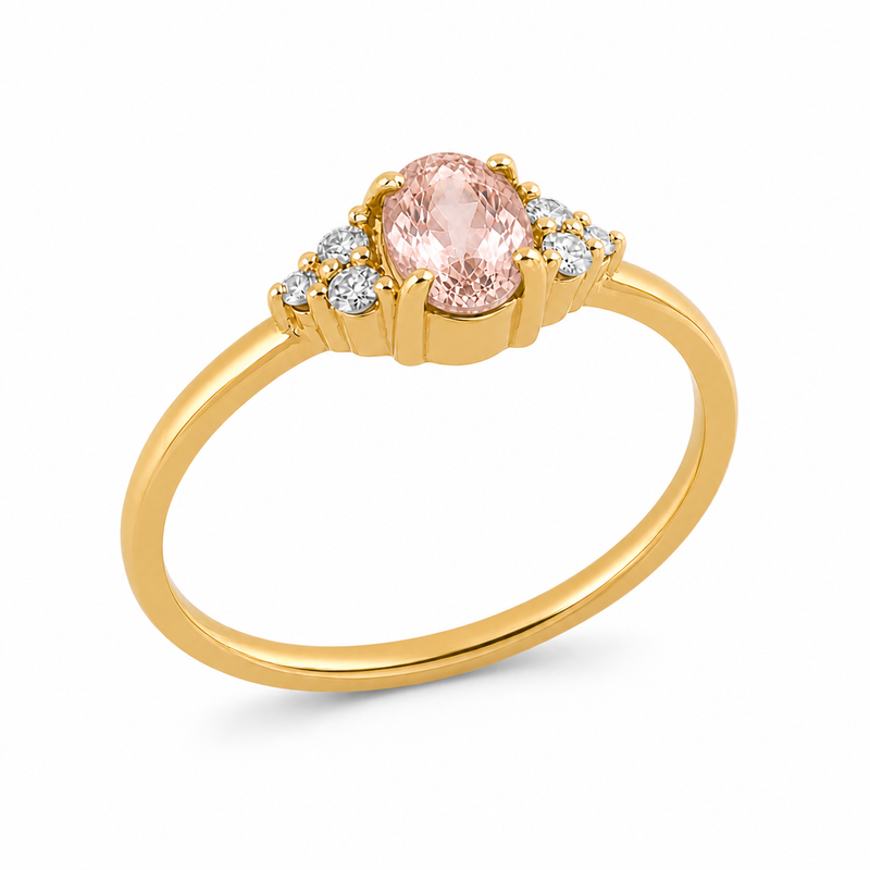 Ring met edelsteen en diamanten - goldplated zilver - 6 x 4 mm · Morganiet · detail · steen:morganiet