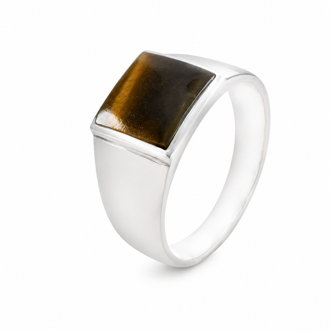 Zilveren herenring met edelsteen - 925 zilver - 11 mm · Tijgeroog / 19