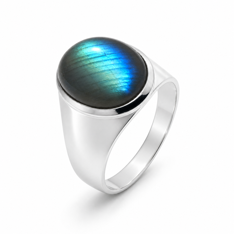 Zilveren ring met edelsteen - 925 zilver - 14 x 10 mm · Labradoriet · detail · steen:labradoriet