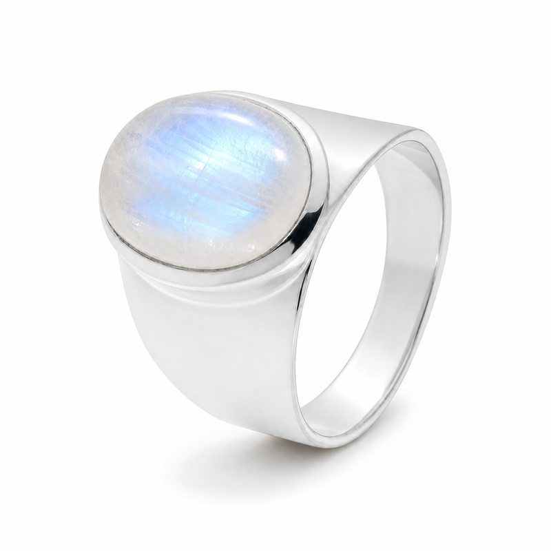 Zilveren ring met edelsteen - 925 zilver - 14 x 10 mm · Regenboog Maansteen · detail · steen:regenboog-maansteen