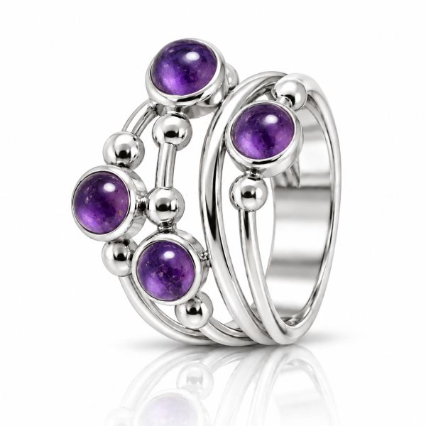 Zilveren ring met ronde edelstenen - 925 zilver - 4 mm · Amethist · productfoto · steen:amethist
