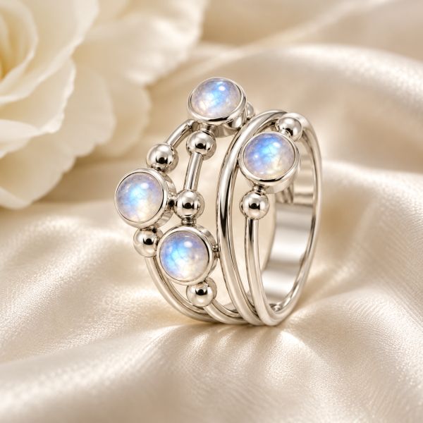 Zilveren ring met ronde edelstenen - 925 zilver - 4 mm · Regenboog Maansteen · productfoto · steen:regenboog-maansteen