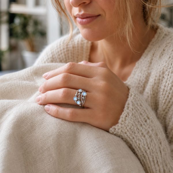 Zilveren ring met ronde edelstenen - 925 zilver - 4 mm · Regenboog Maansteen · productfoto · steen:regenboog-maansteen