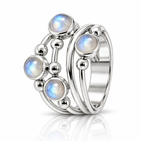 Zilveren ring met ronde edelstenen - 925 zilver - 4 mm · Regenboog Maansteen / 17
