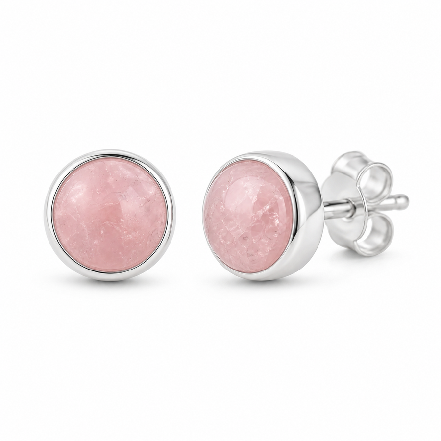 Zilveren oorstekers met rond in kap gezette edelsteen - 925 zilver - 5 mm · Rozenkwarts · productfoto · steen:rozenkwarts