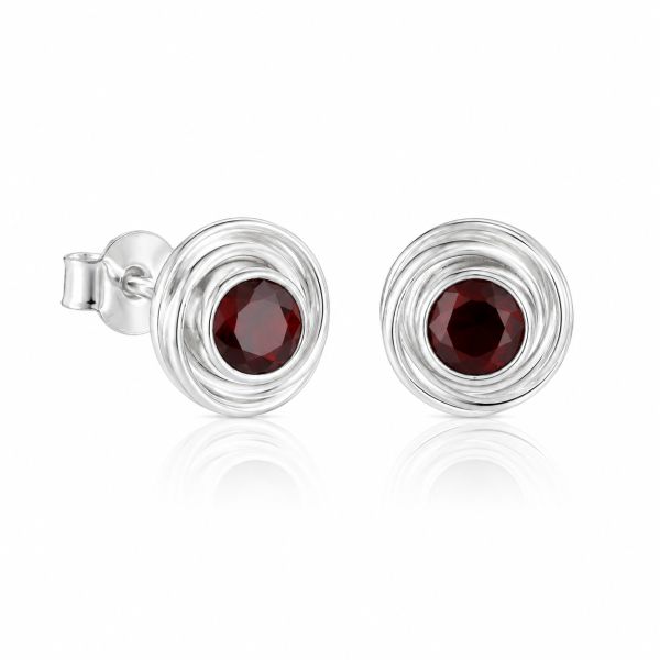 Oorknopjes met spiraalvormig zilver rond gefacetteerde edelstenen - 925 zilver - 5 mm · Granaat · productfoto · steen:granaat