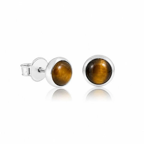 Zilveren oorknopjes met rond gezette edelstenen - 925 zilver - 6 mm · Tijgeroog
