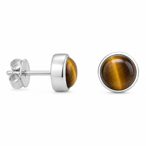 Zilveren oorknopjes met rond in kap gezette edelsteen - 925 zilver - 6 mm · Tijgeroog