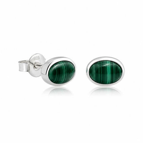 Zilveren oorknopjes met ovaal geslepen edelstenen - 925 zilver - 7 x 5 mm · Malachiet